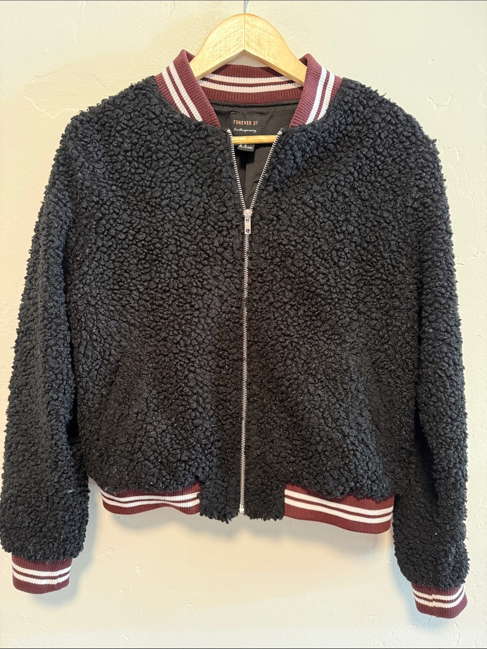 Forever 21 Black Sherpa Bomber Jacket with Burgundy & White Stripes